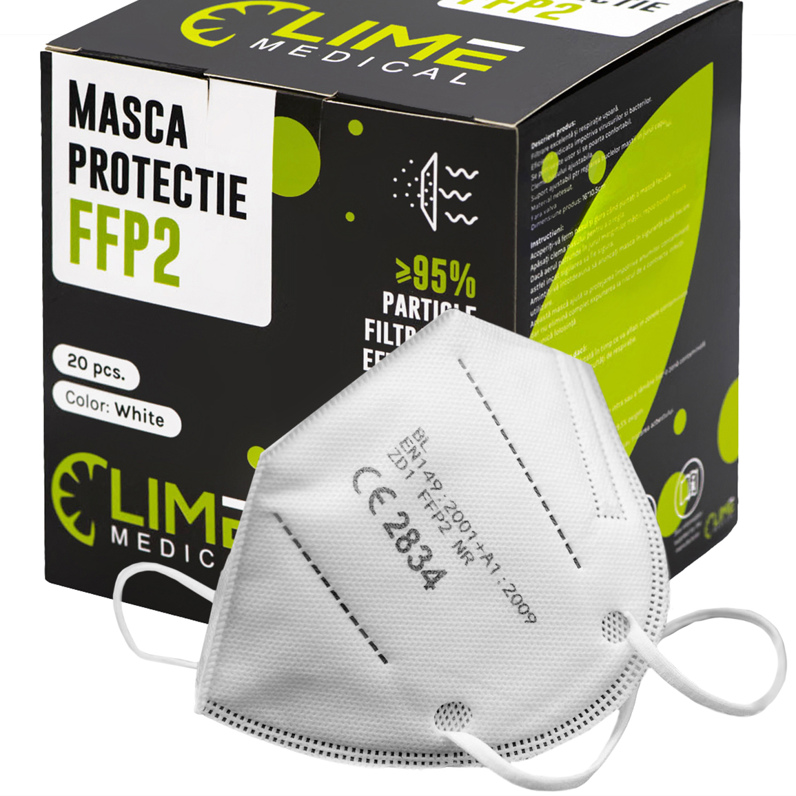 Masca protectie FFP2 fara valva ptr. filtrarea particulelor, 20 bucati, Lime Medical, alb 1