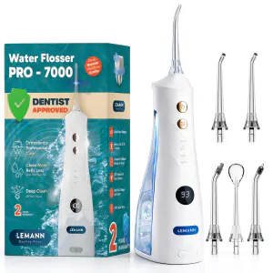 Irigator Oral Profesional, Dus Bucal Lemann PRO-7000, Portabil, 1400 pulsatii/min, 3 Moduri, Rezervor 300ml , Timer 2 minute, Functie Smart Start, 5 Duze si Cablu USB-C inlcuse, Materiale non-toxice, Alb