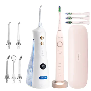 Set Igiena Orala LEMANN PRO: Periuta de Dinti Sonica LEMANN UltraSonic Pro48, 48,000 Pulsatii/min, 5 Moduri, 3 Niveluri Intensitate, 4 capete incluse, Roz Pudrat + Irigator Oral LEMANN PRO-7000, 1400 Pulsatii/min, 4 Moduri, 5 Duze, Alb
