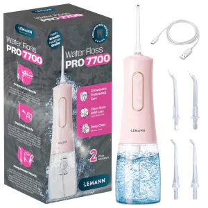 Irigator Oral Profesional, Dus Bucal Lemann PRO-7700, Portabil, 1400 pulsatii/min, 3 Moduri, Rezervor 240ml , Timer 2 minute, 4 Duze si Cablu USB-C inlcuse, Roz