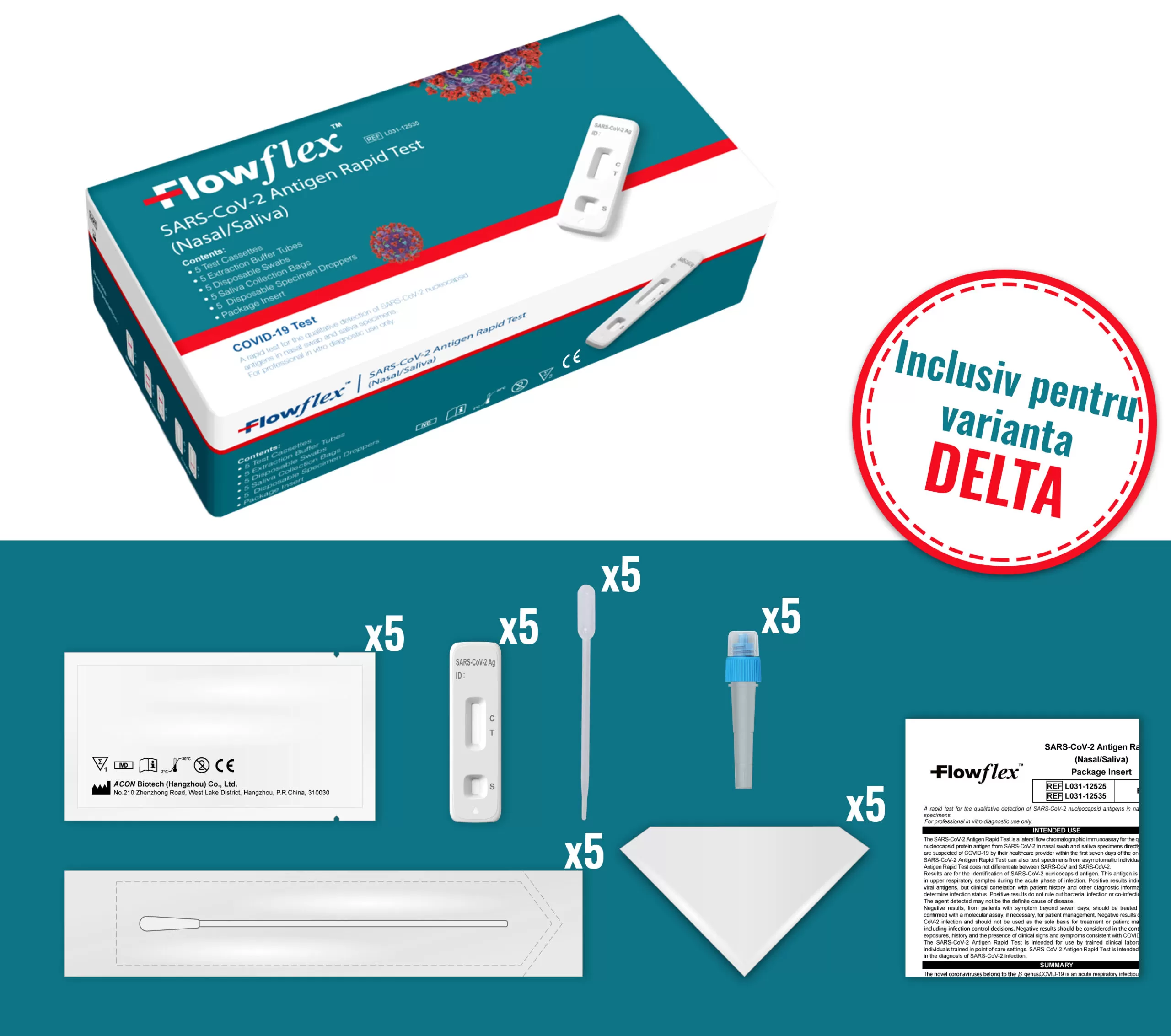 Teste Rapide 2 in 1 Saliva/Nazal COVID-19 Antigen, Flowflex, set 5 teste 2
